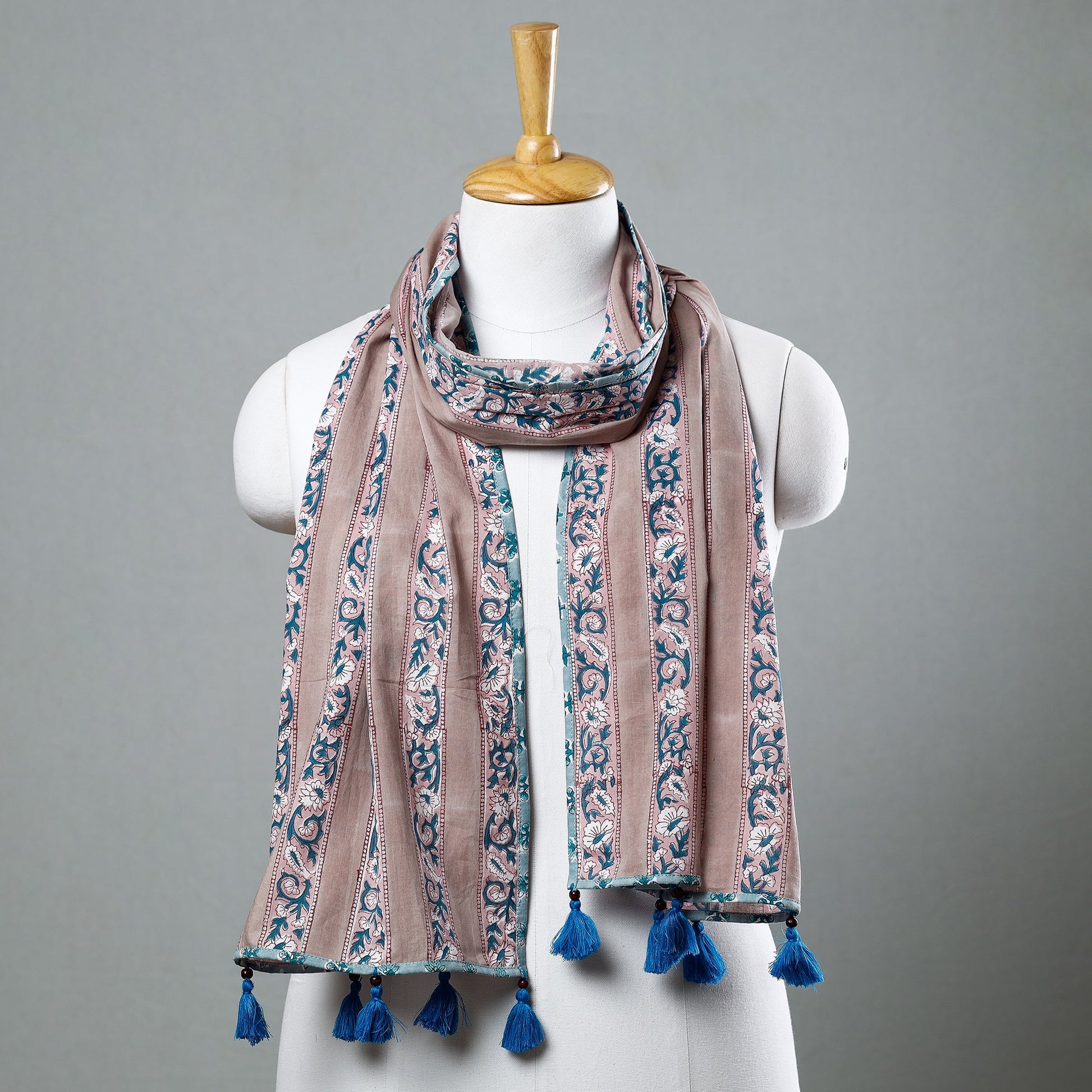 Brown - Sanganeri Block Printed Cotton Stole with Tassels