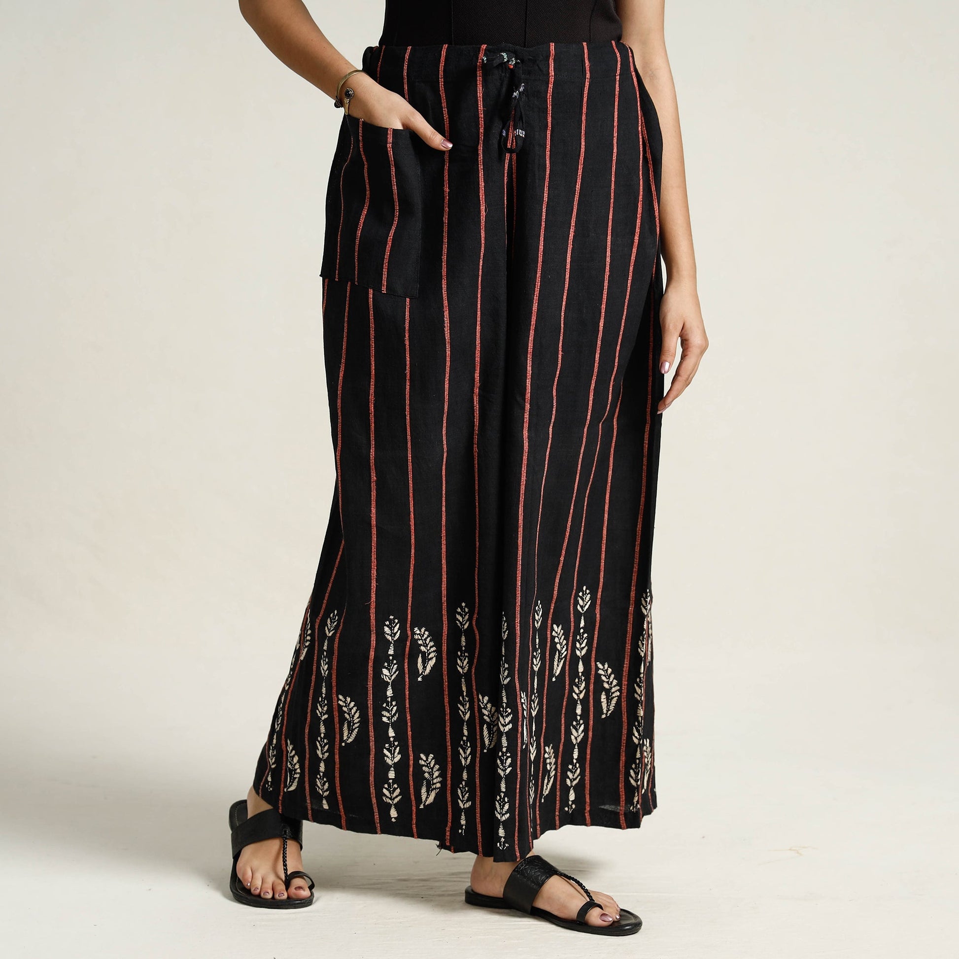 Black - Bengal Khesh Weaving Cotton Kantha Embroidery Palazzo 08