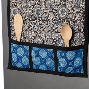 Black - Kalamkari Block Printed Cotton Fridge Top Cover with Multiple Pockets