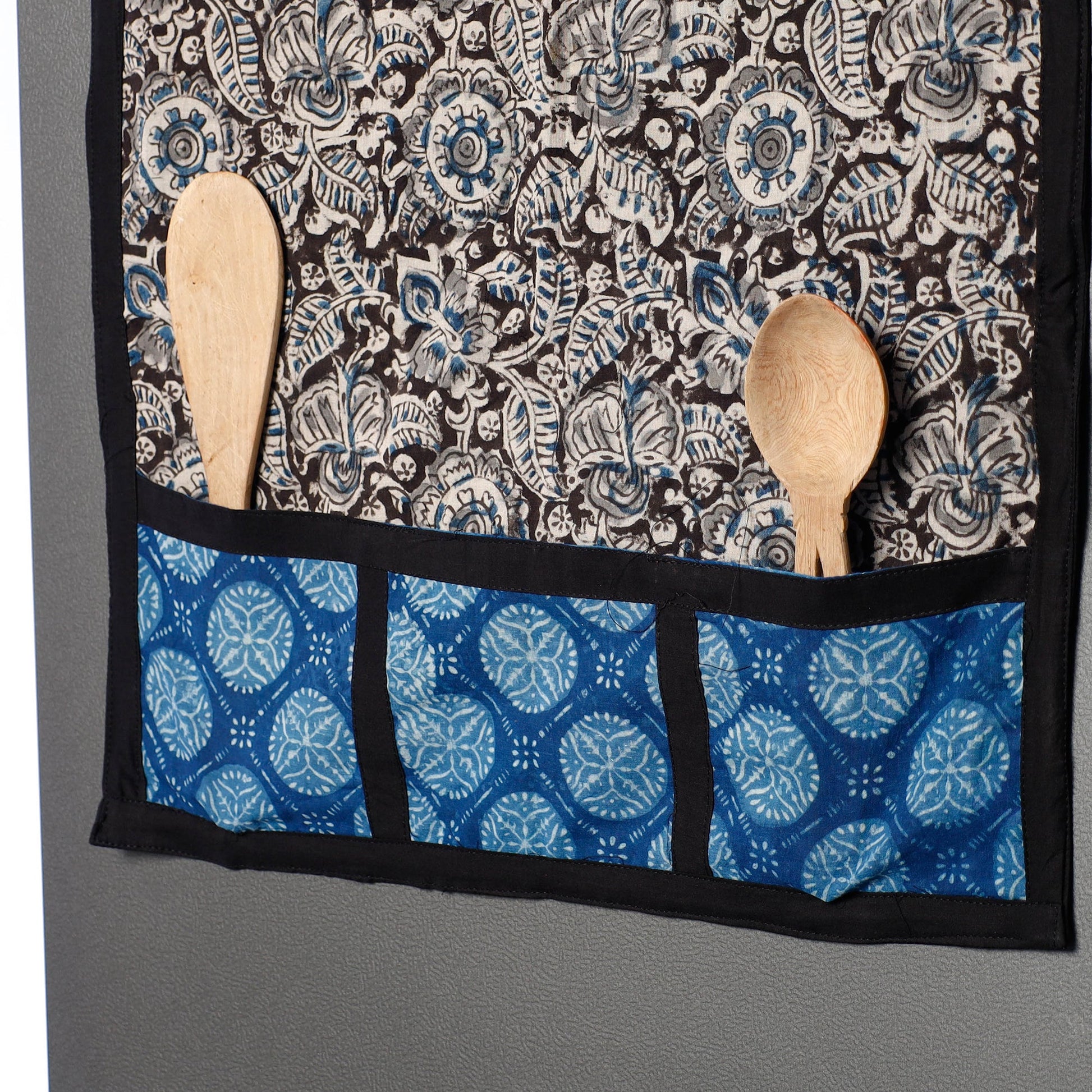 Black - Kalamkari Block Printed Cotton Fridge Top Cover with Multiple Pockets