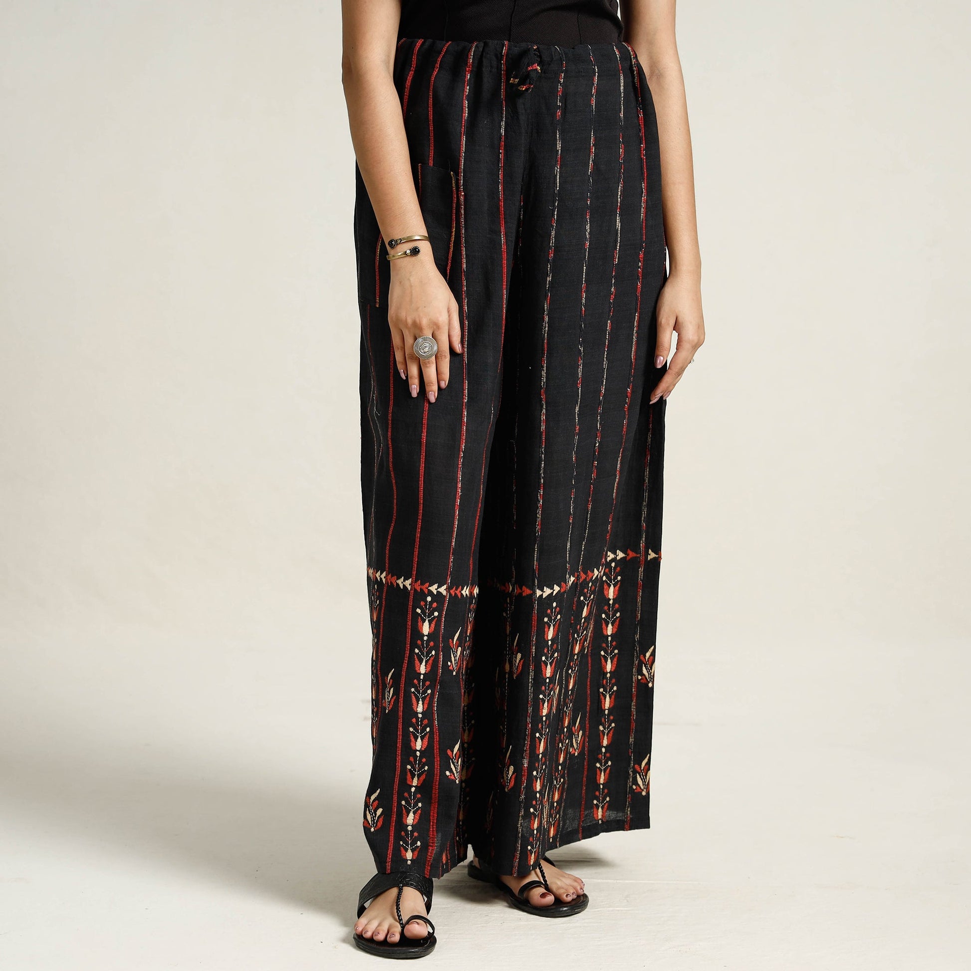Black - Bengal Khesh Weaving Cotton Kantha Embroidery Palazzo 09