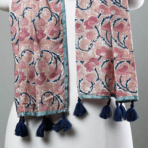Brown - Sanganeri Block Printed Cotton Stole with Tassels