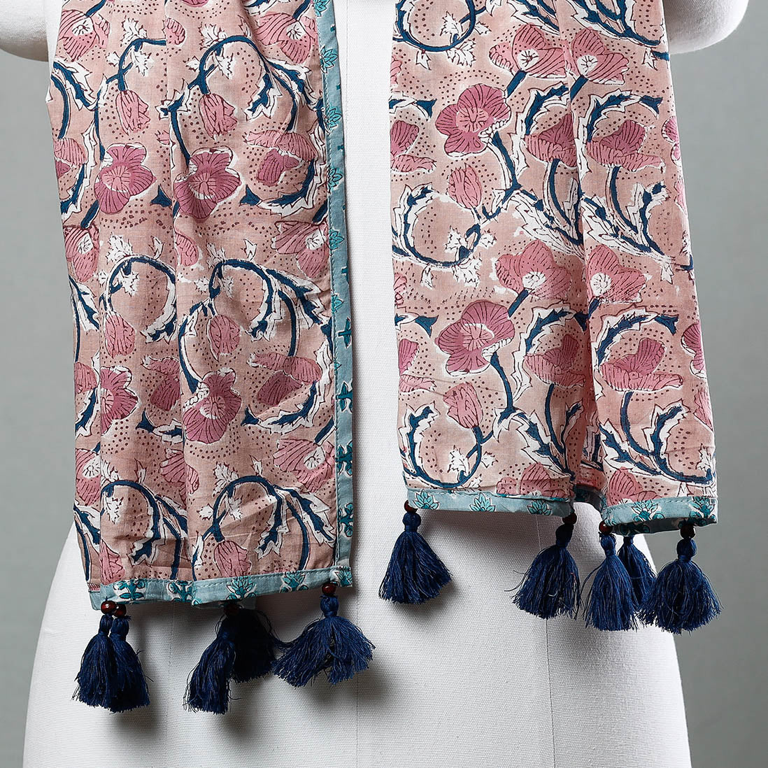 Brown - Sanganeri Block Printed Cotton Stole with Tassels
