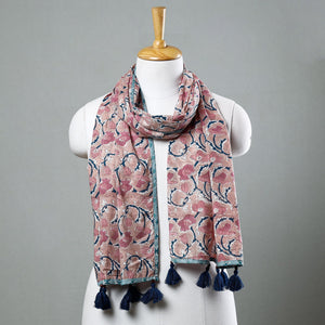 Brown - Sanganeri Block Printed Cotton Stole with Tassels