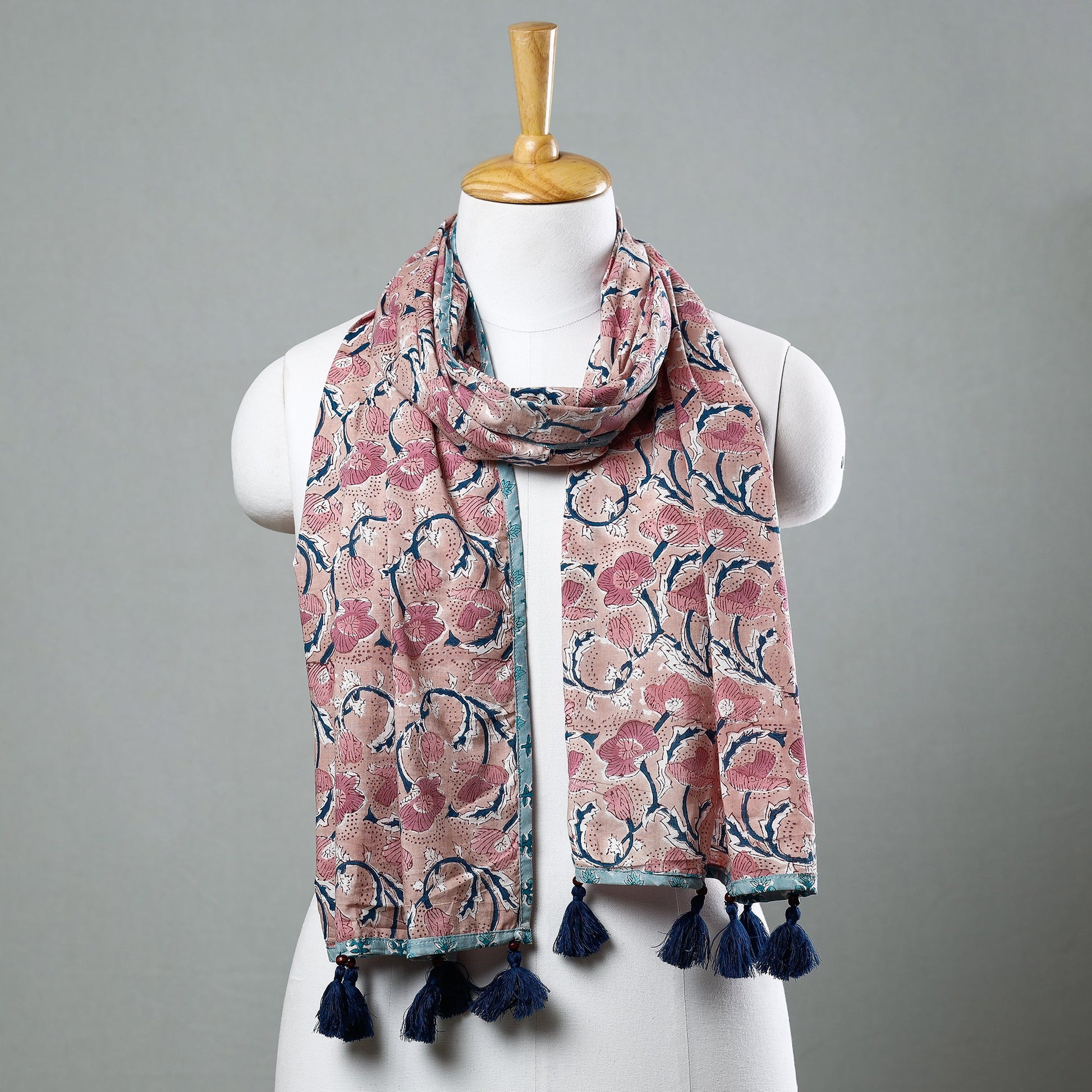 Brown - Sanganeri Block Printed Cotton Stole with Tassels