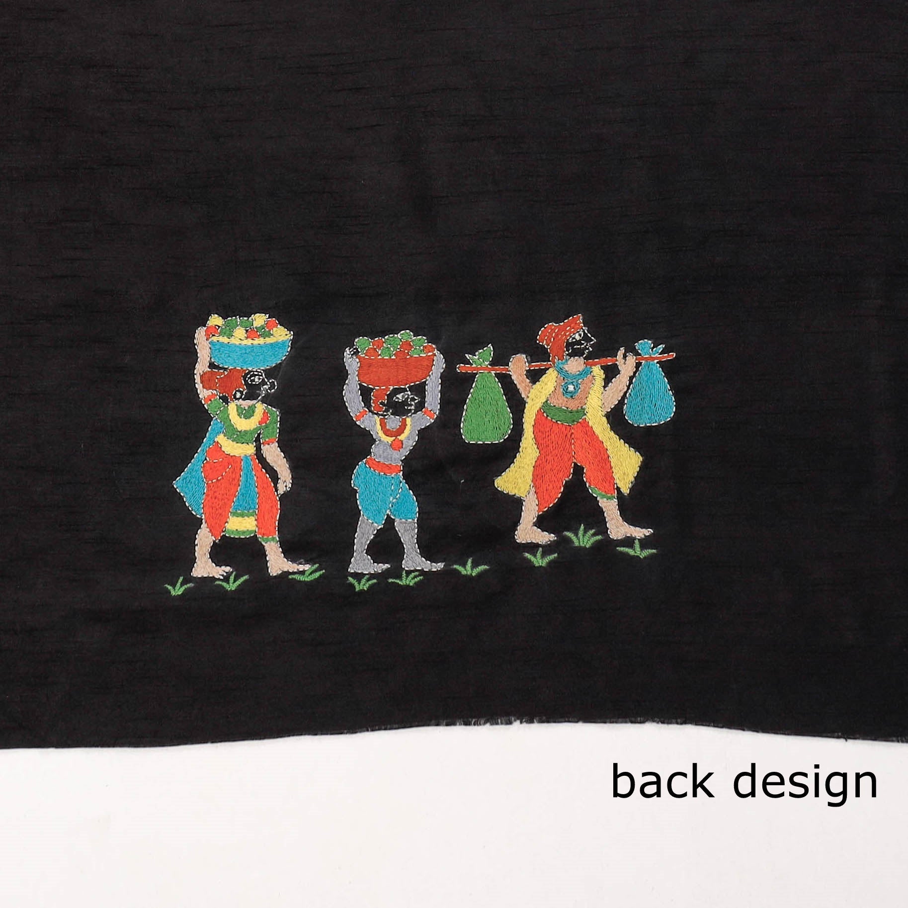 Black - Bengal Kantha Embroidery Raw Silk Blouse Piece