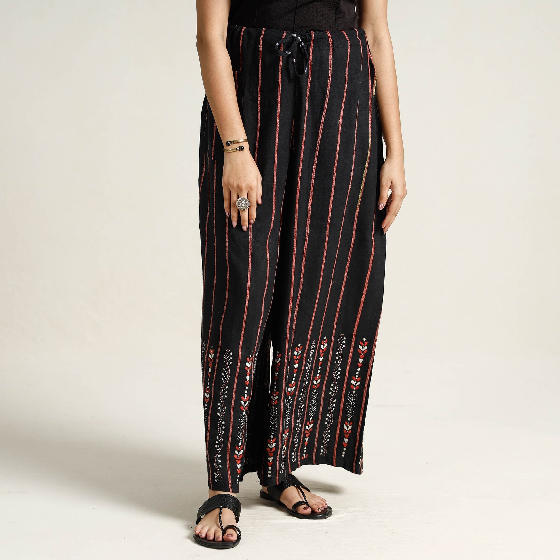 Black - Bengal Khesh Weaving Kantha Embroidery Cotton Palazzo 11