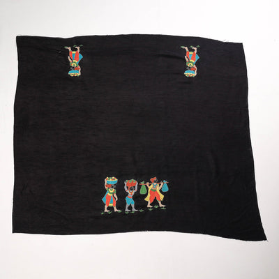 Black - Bengal Kantha Embroidery Raw Silk Blouse Piece