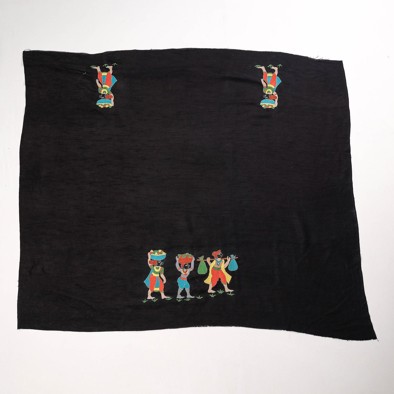 Black - Bengal Kantha Embroidery Raw Silk Blouse Piece