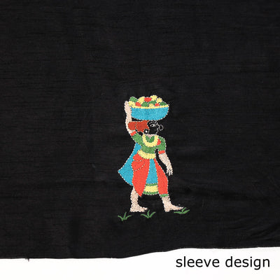 Black - Bengal Kantha Embroidery Raw Silk Blouse Piece