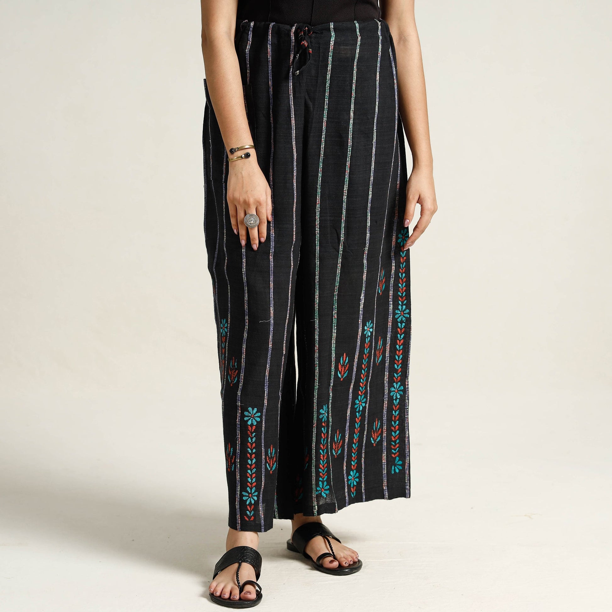 Black - Bengal Khesh Weaving Kantha Embroidery Cotton Palazzo 12