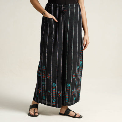 Black - Bengal Khesh Weaving Kantha Embroidery Cotton Palazzo 12