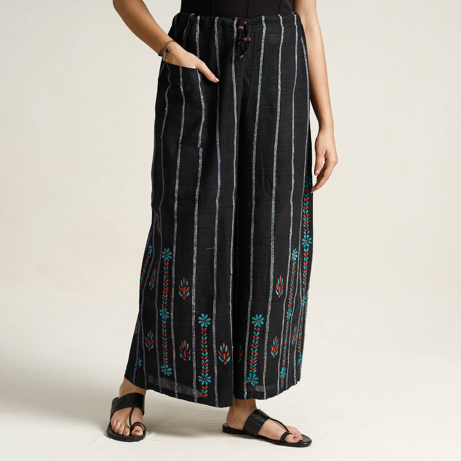 Black - Bengal Khesh Weaving Kantha Embroidery Cotton Palazzo 12
