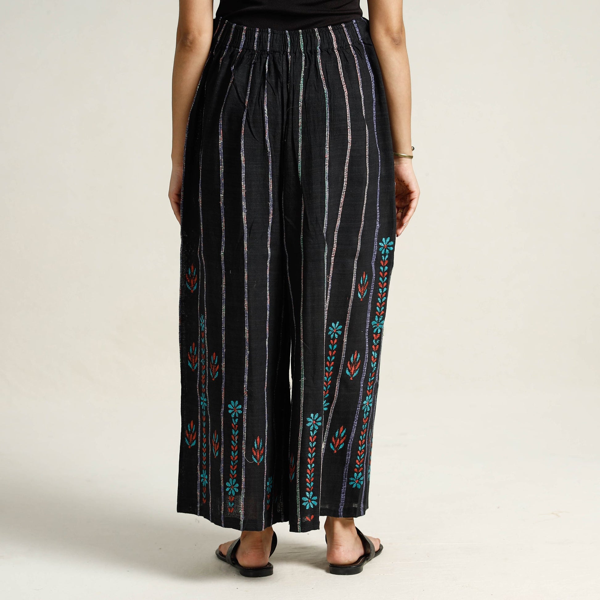 Black - Bengal Khesh Weaving Kantha Embroidery Cotton Palazzo 12