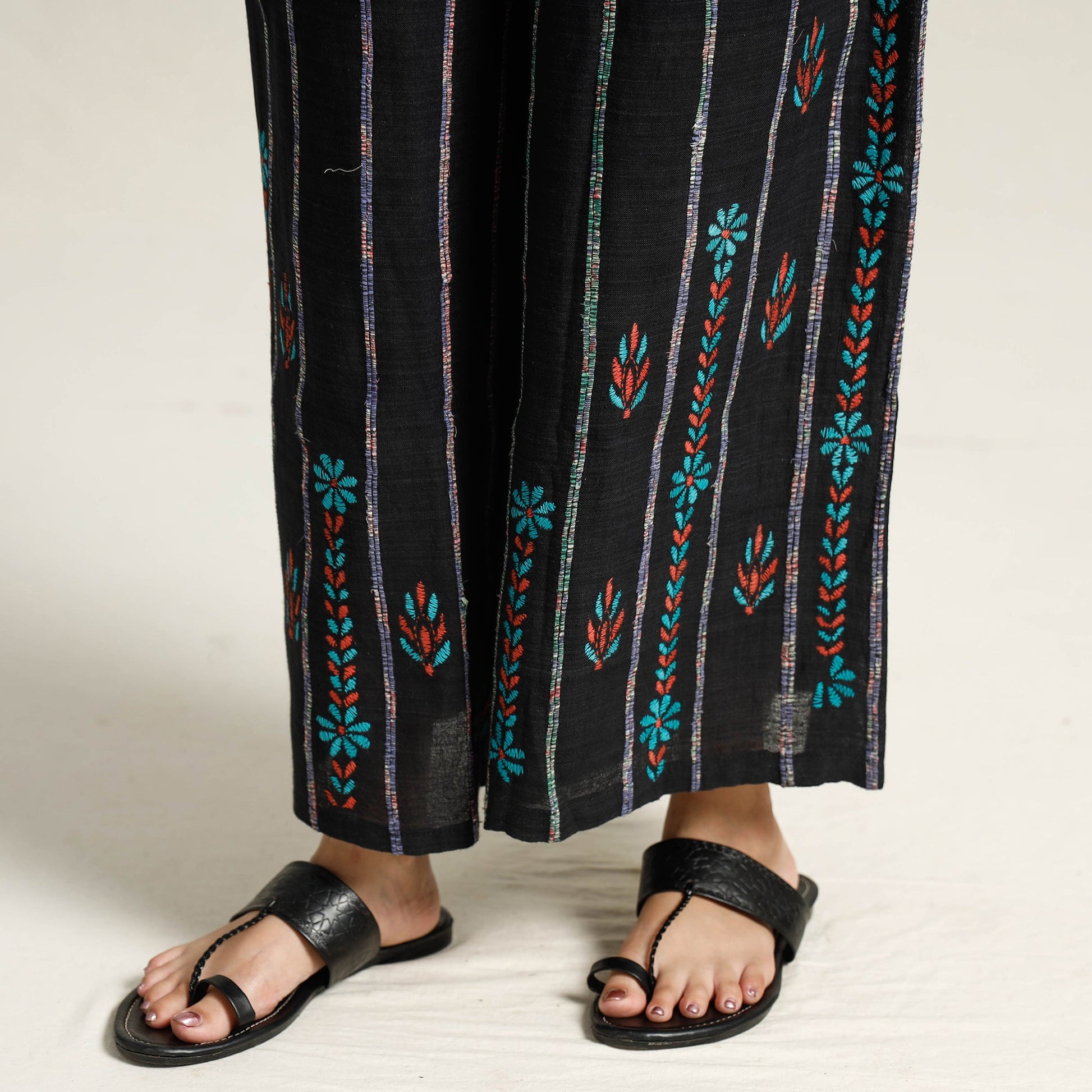 Black - Bengal Khesh Weaving Kantha Embroidery Cotton Palazzo 12