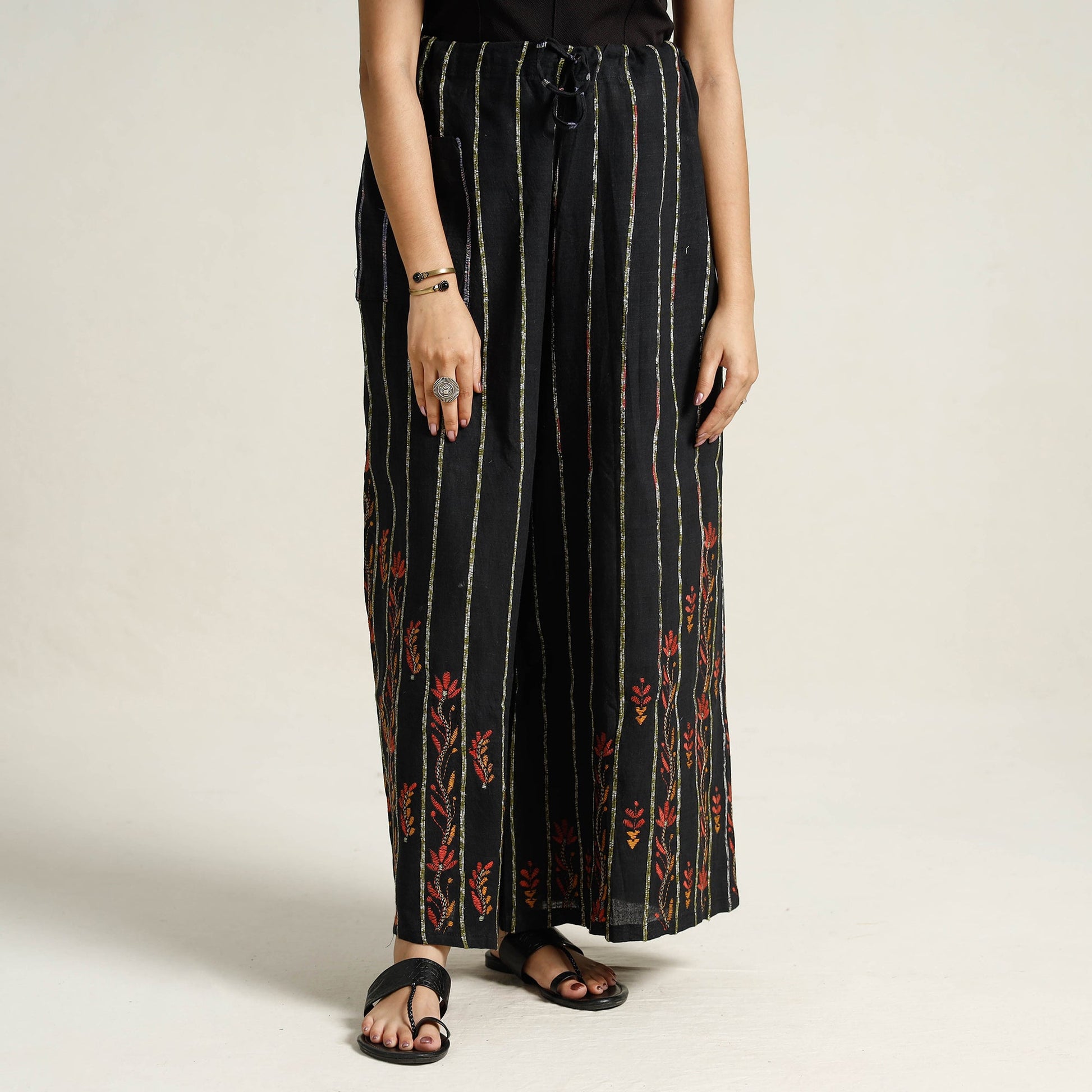 Black - Bengal Khesh Weaving Cotton Kantha Embroidery Palazzo 14