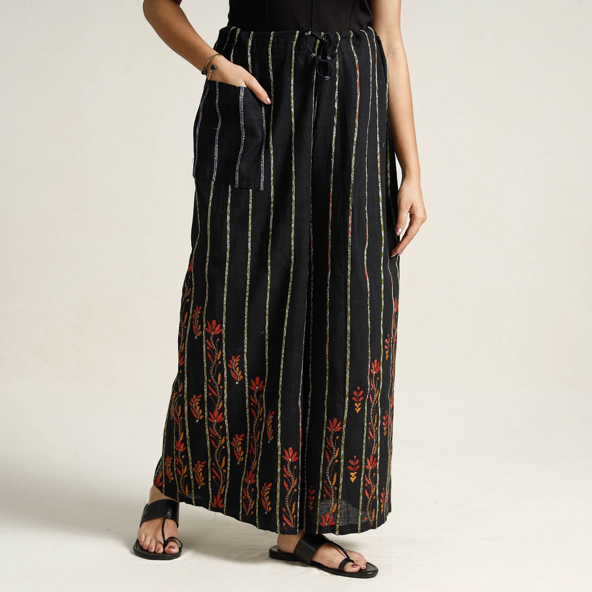 Black - Bengal Khesh Weaving Cotton Kantha Embroidery Palazzo 14