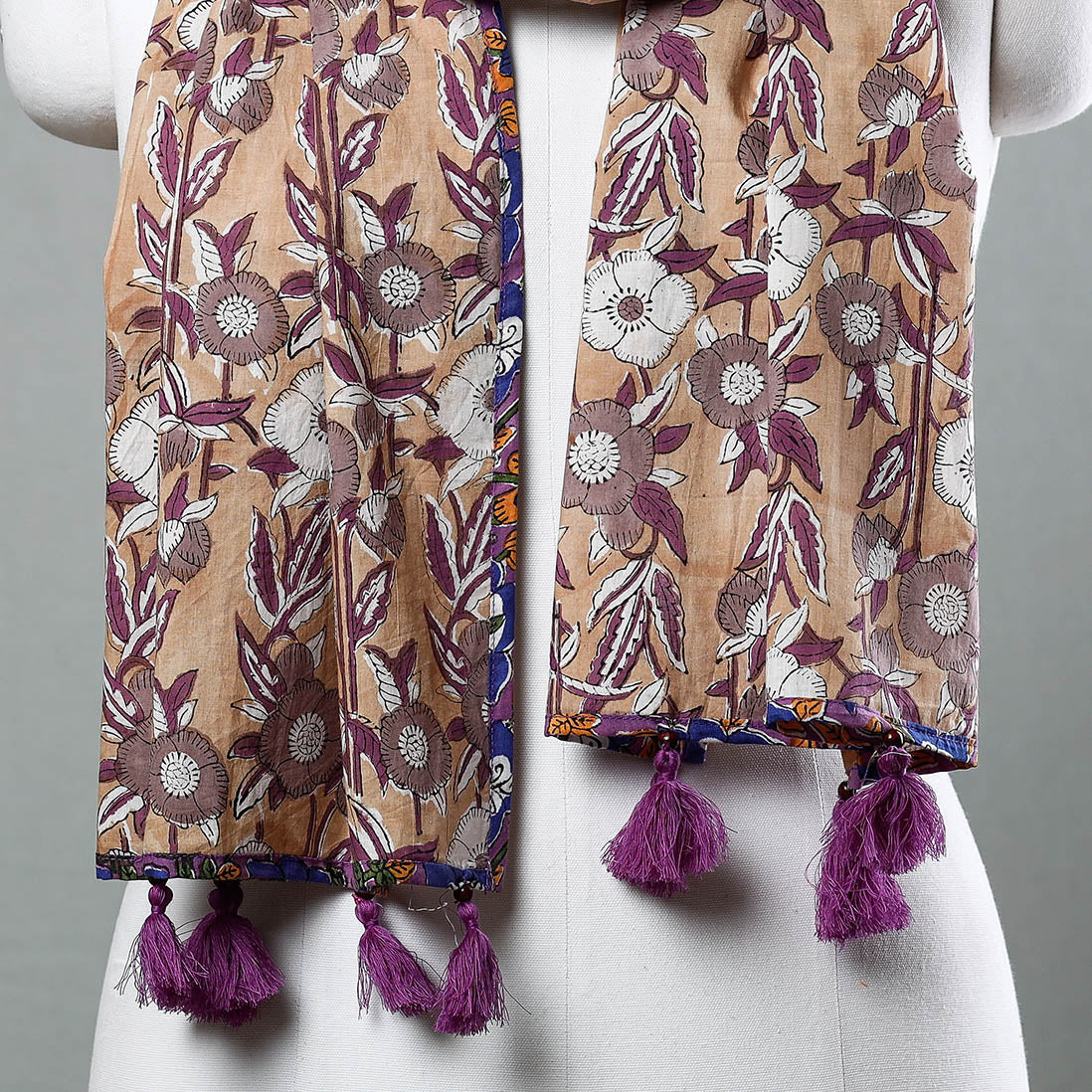 Brown - Sanganeri Block Printed Cotton Stole with Tassels