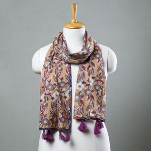 Brown - Sanganeri Block Printed Cotton Stole with Tassels