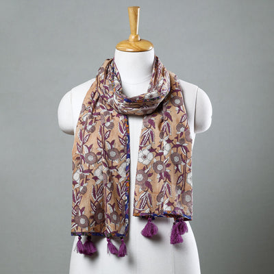Brown - Sanganeri Block Printed Cotton Stole with Tassels