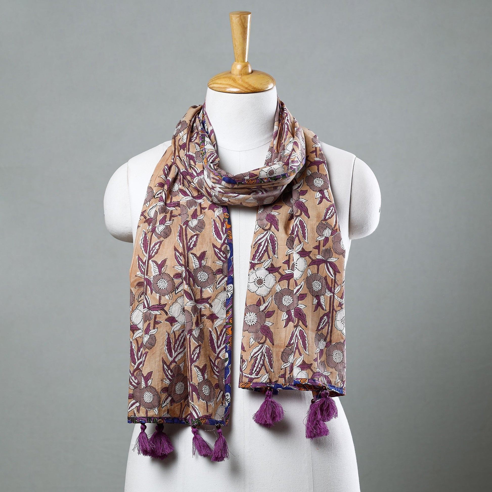 Brown - Sanganeri Block Printed Cotton Stole with Tassels