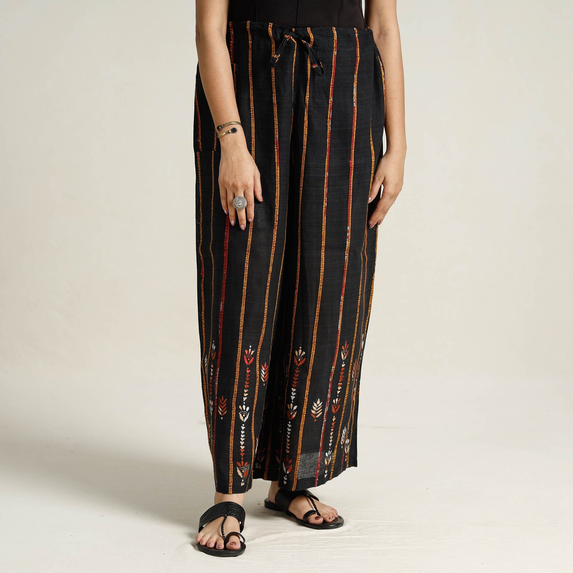 Black - Bengal Khesh Weaving Cotton Kantha Embroidery Palazzo 19