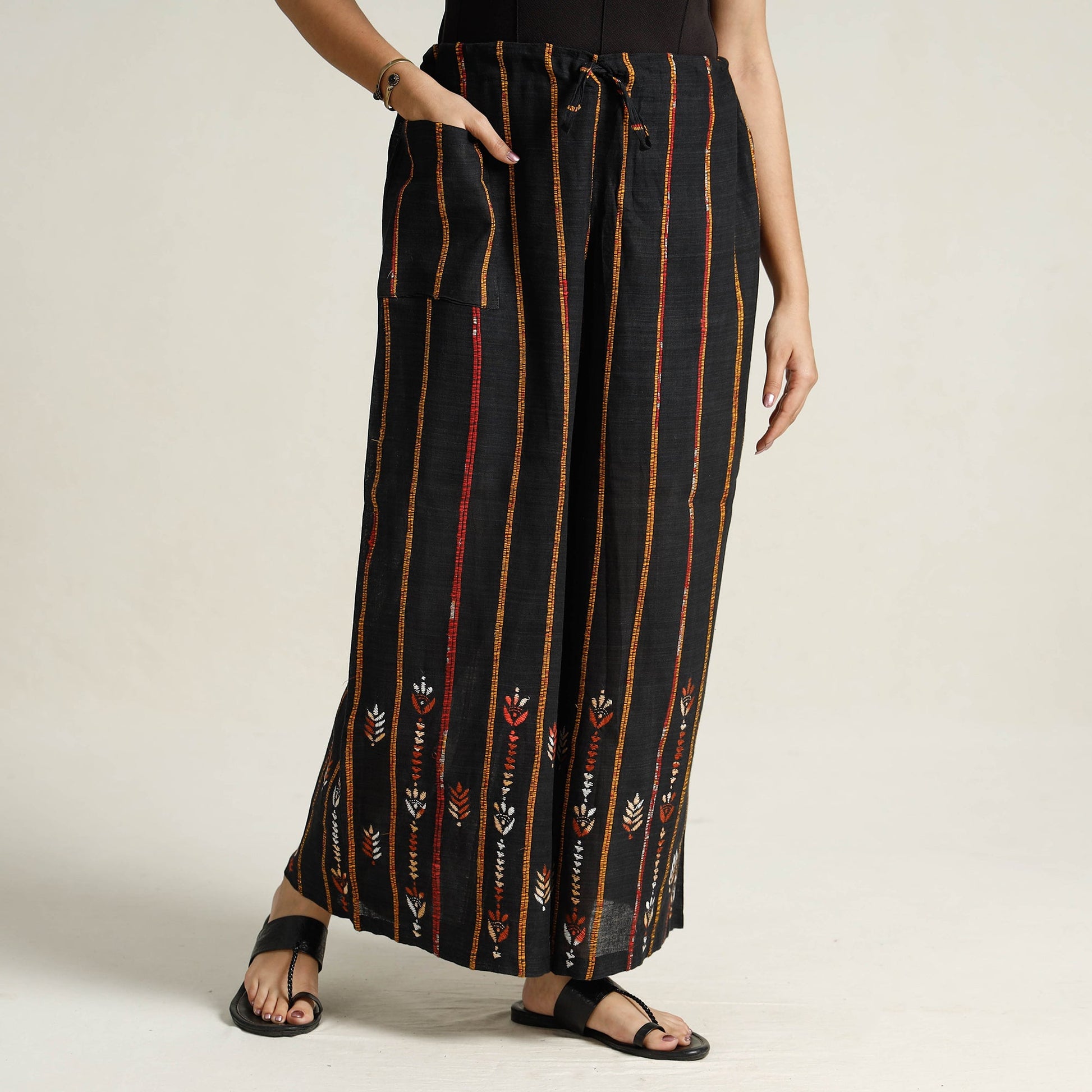Black - Bengal Khesh Weaving Cotton Kantha Embroidery Palazzo 19