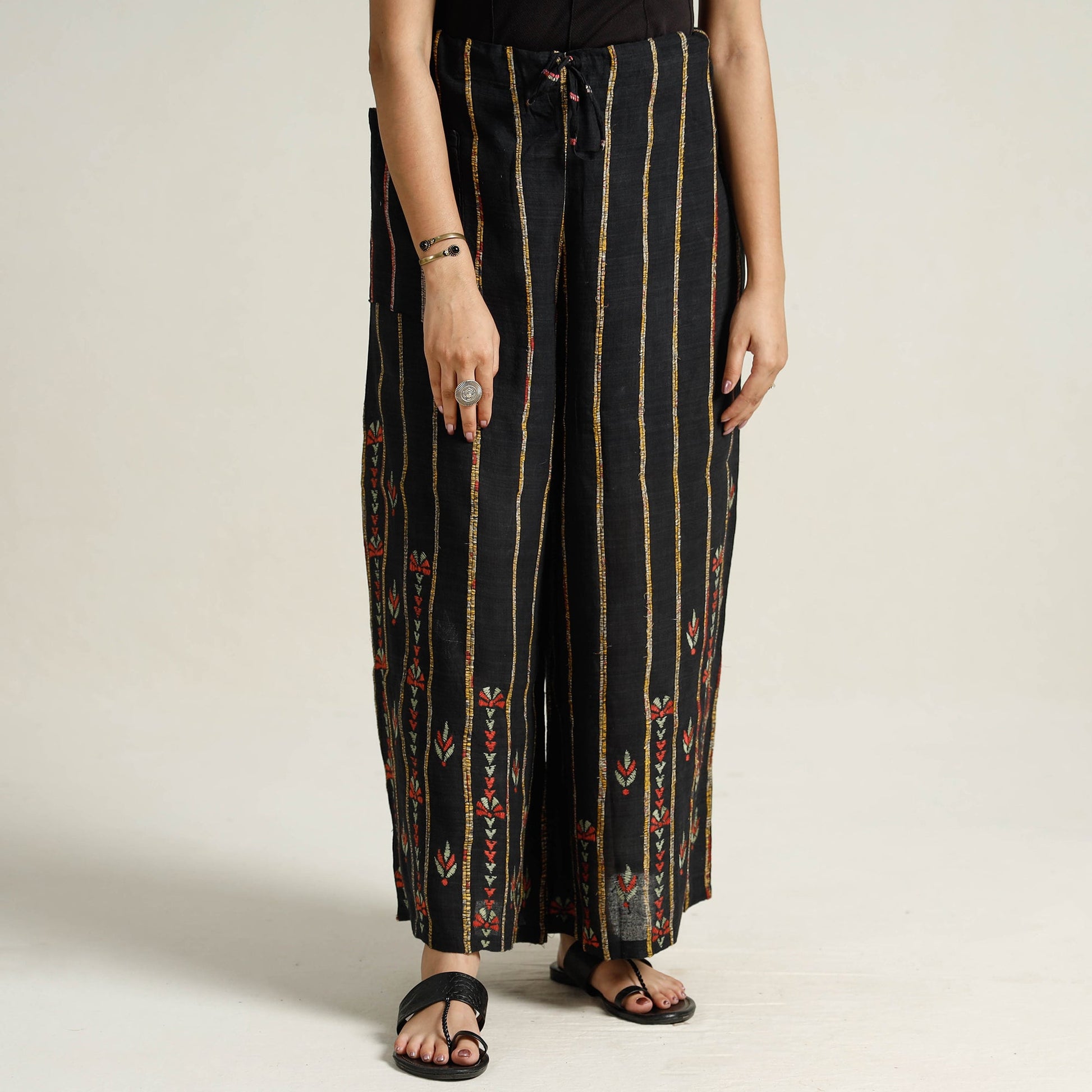 Black - Bengal Khesh Weaving Kantha Embroidery Cotton Palazzo 20