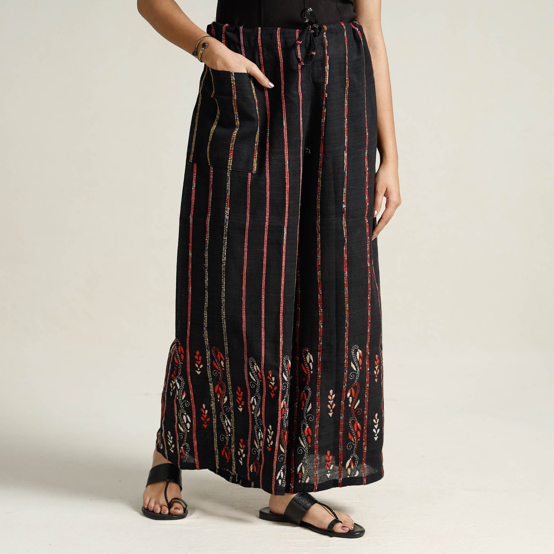 Black - Bengal Khesh Weaving Cotton Kantha Embroidery Palazzo 23