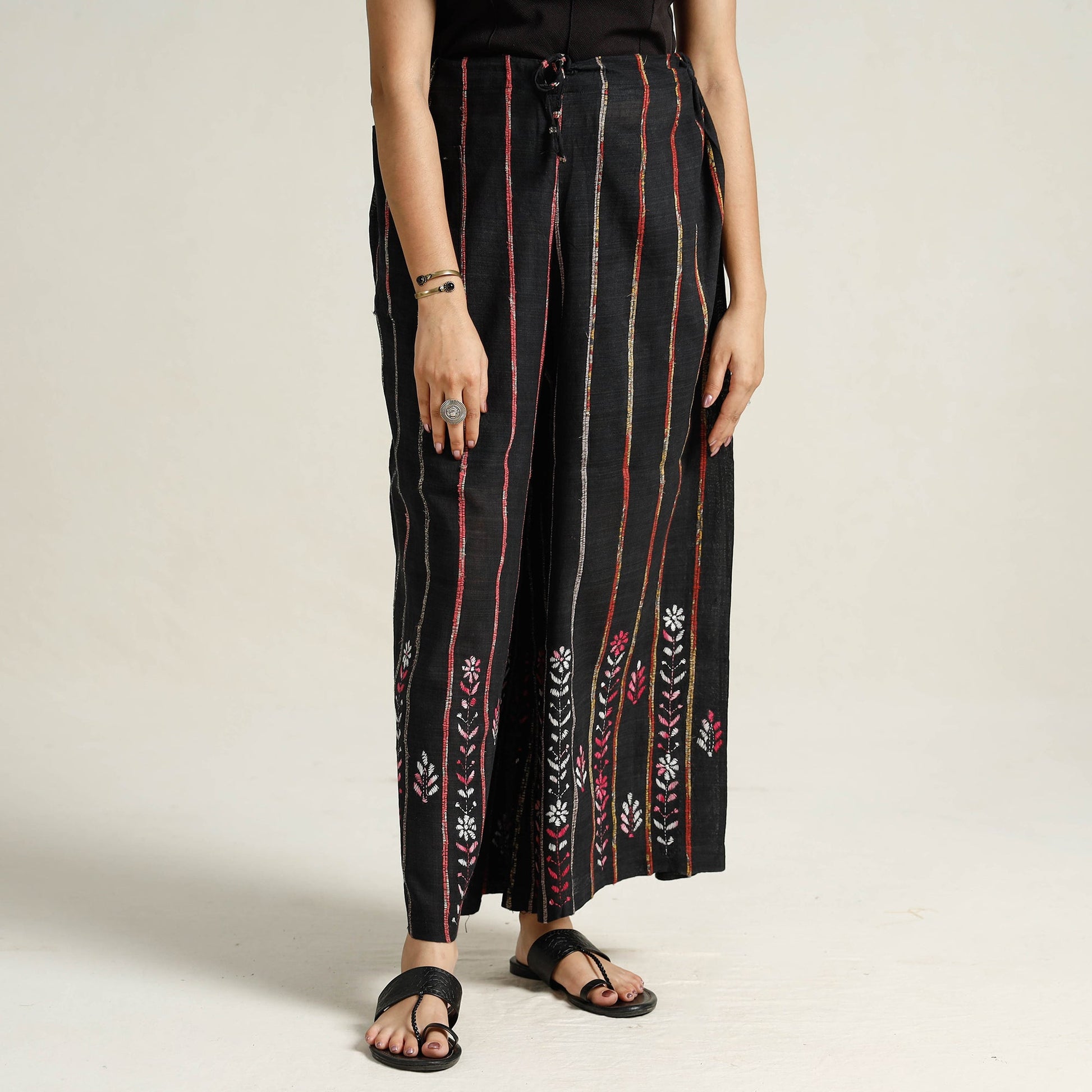 Black - Bengal Khesh Weaving Kantha Embroidery Cotton Palazzo 26