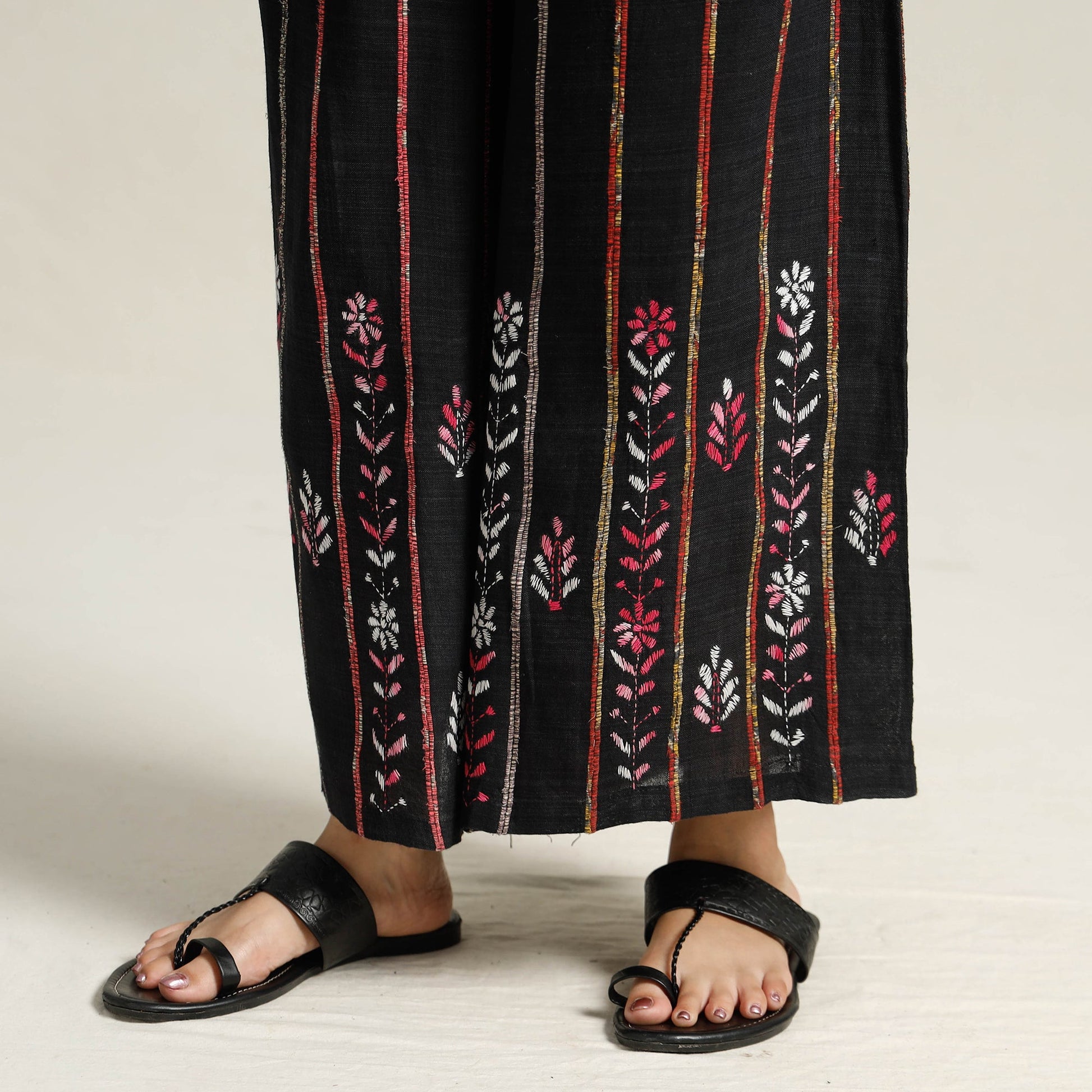 Black - Bengal Khesh Weaving Kantha Embroidery Cotton Palazzo 26