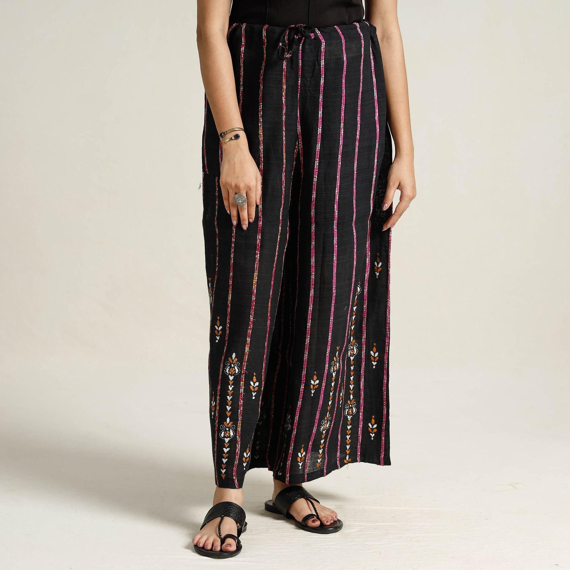Black - Bengal Khesh Weaving Cotton Kantha Embroidery Palazzo 27