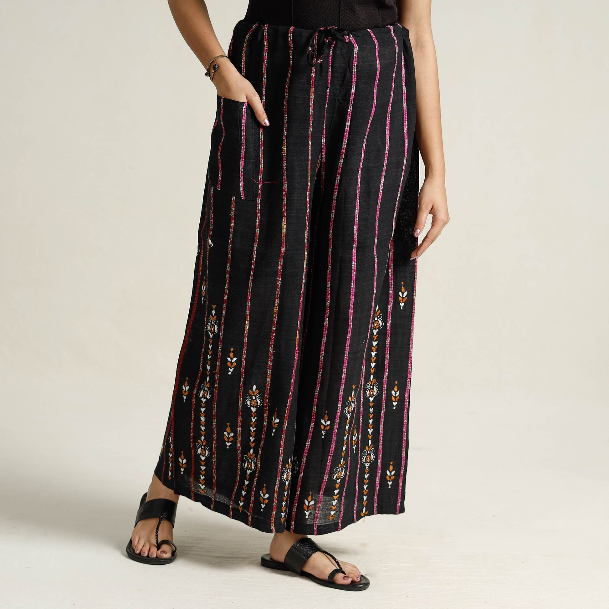Black - Bengal Khesh Weaving Cotton Kantha Embroidery Palazzo 27