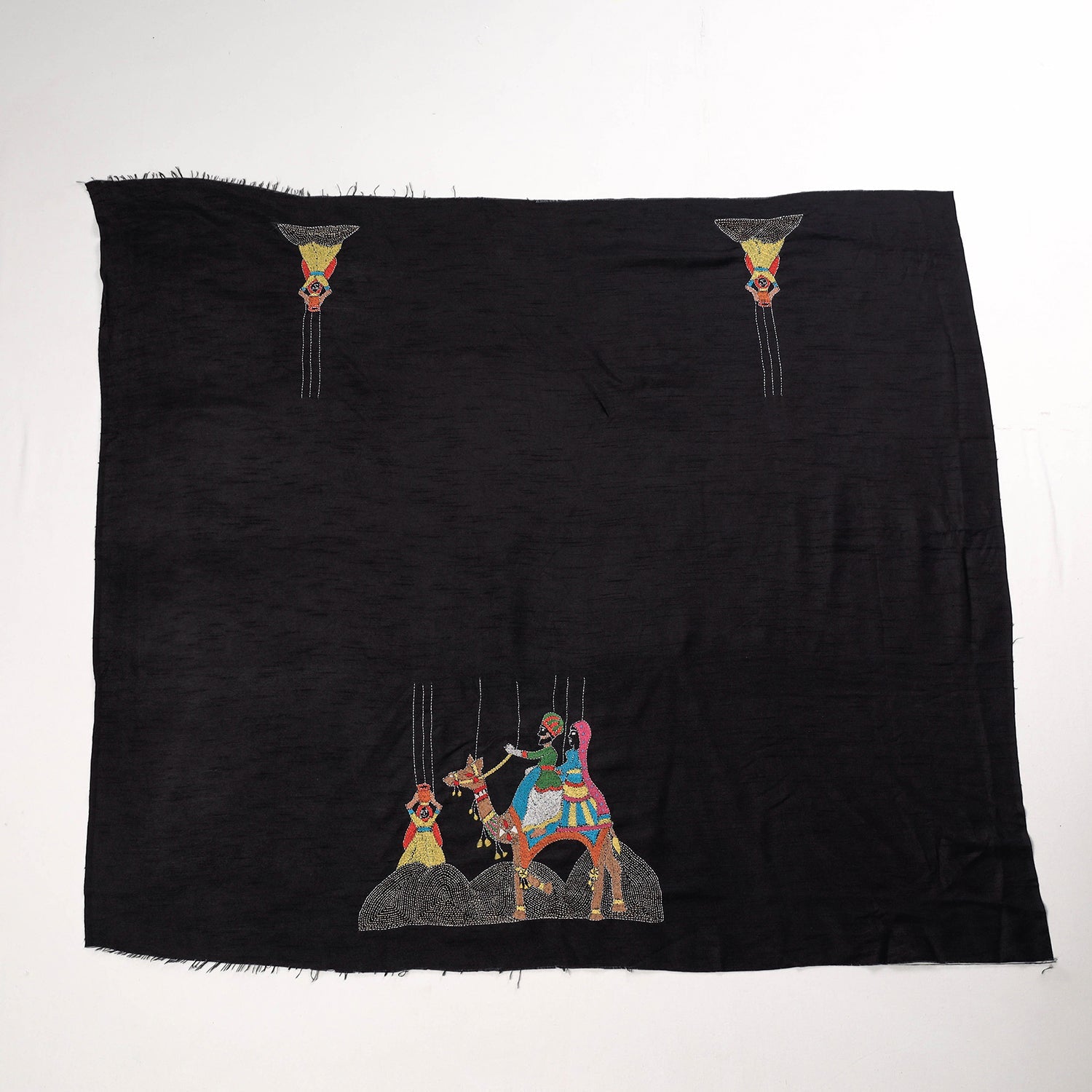 Black - Bengal Kantha Embroidery Raw Silk Blouse Piece