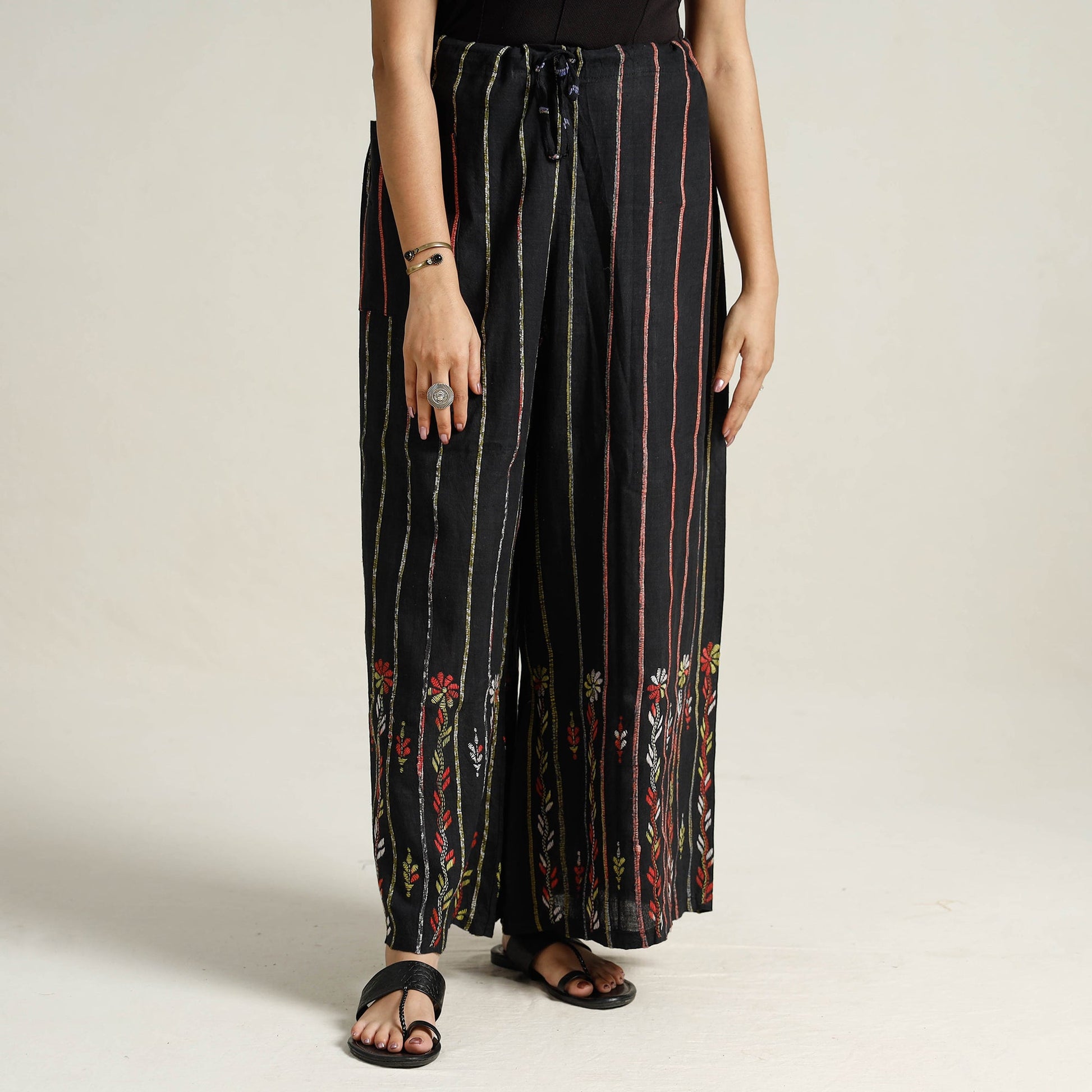 Black - Bengal Khesh Weaving Kantha Embroidery Cotton Palazzo 29