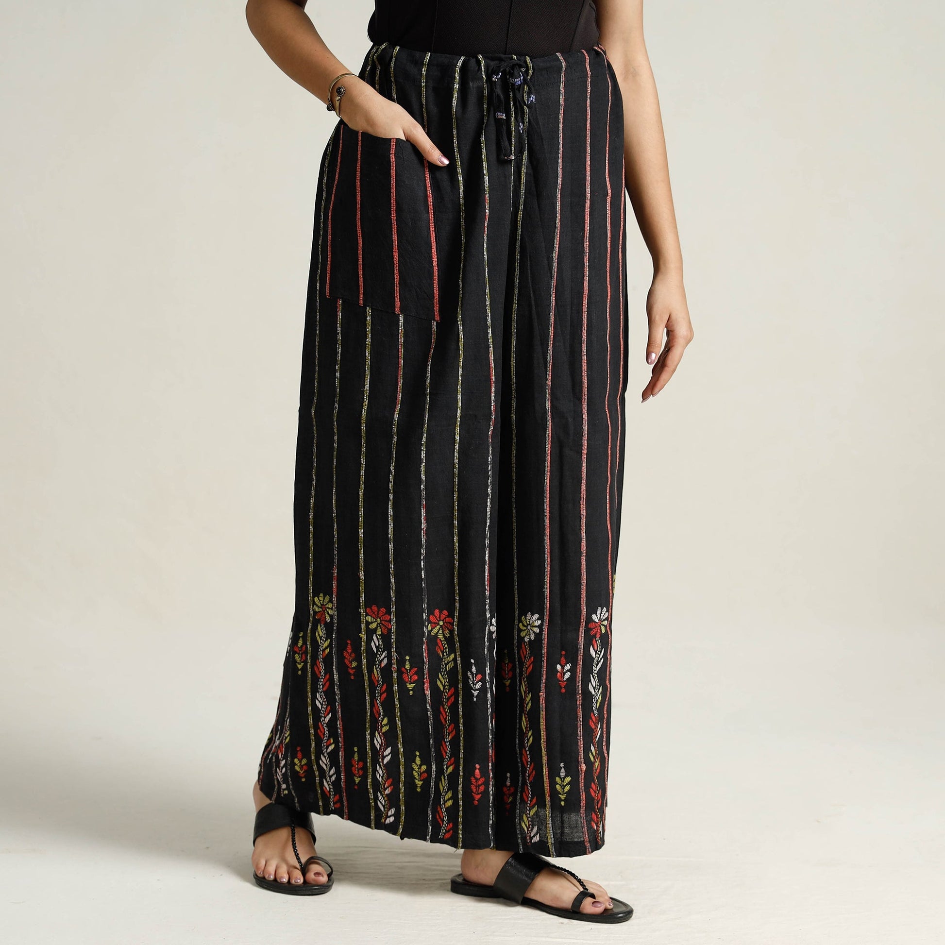 Black - Bengal Khesh Weaving Kantha Embroidery Cotton Palazzo 29
