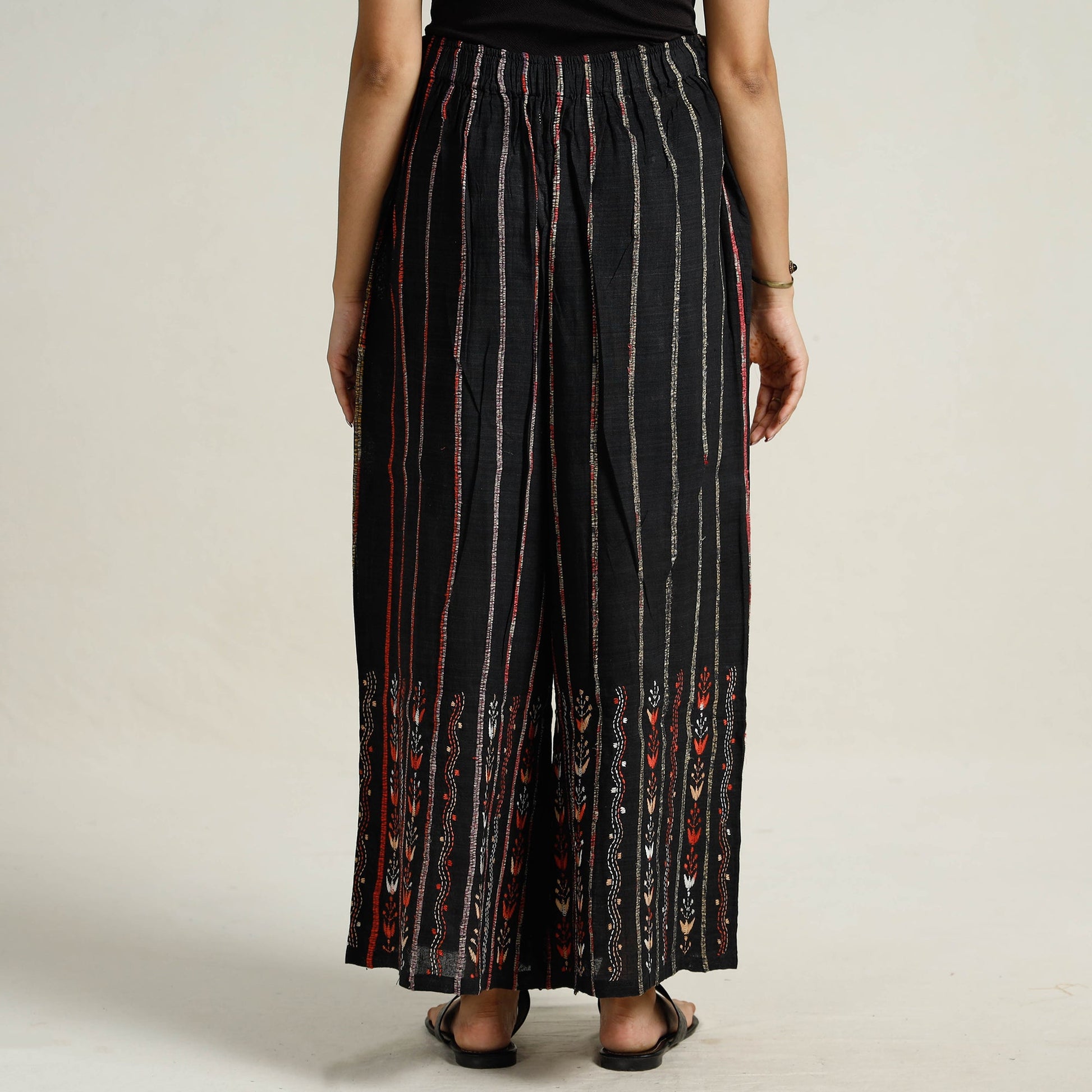 Black - Bengal Khesh Weaving Kantha Embroidery Cotton Palazzo 30
