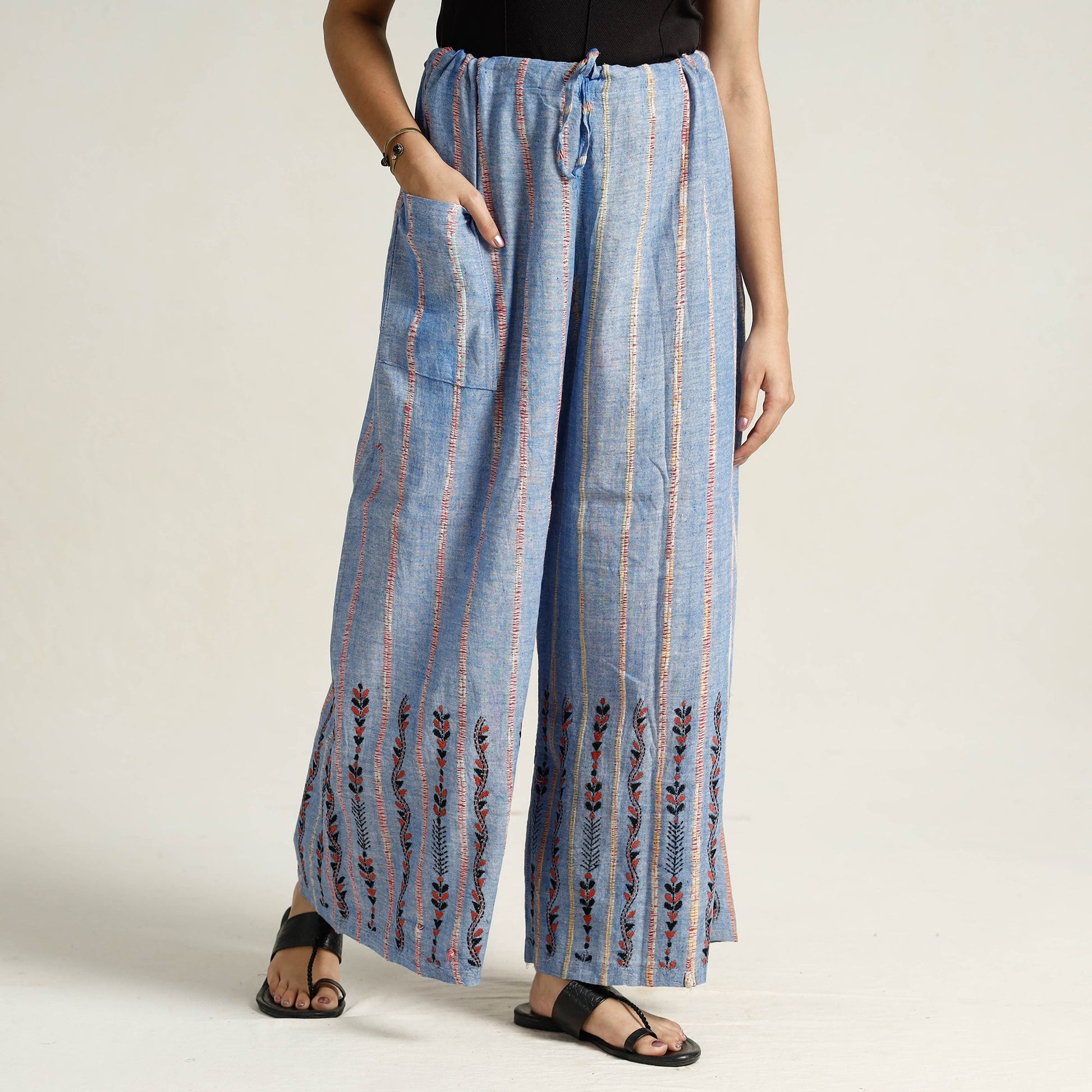 Blue - Bengal Khesh Weaving Cotton Kantha Embroidery Palazzo 35