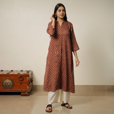 Brown - Bandhani Tie-Dye Cotton A-Line Kurta 01