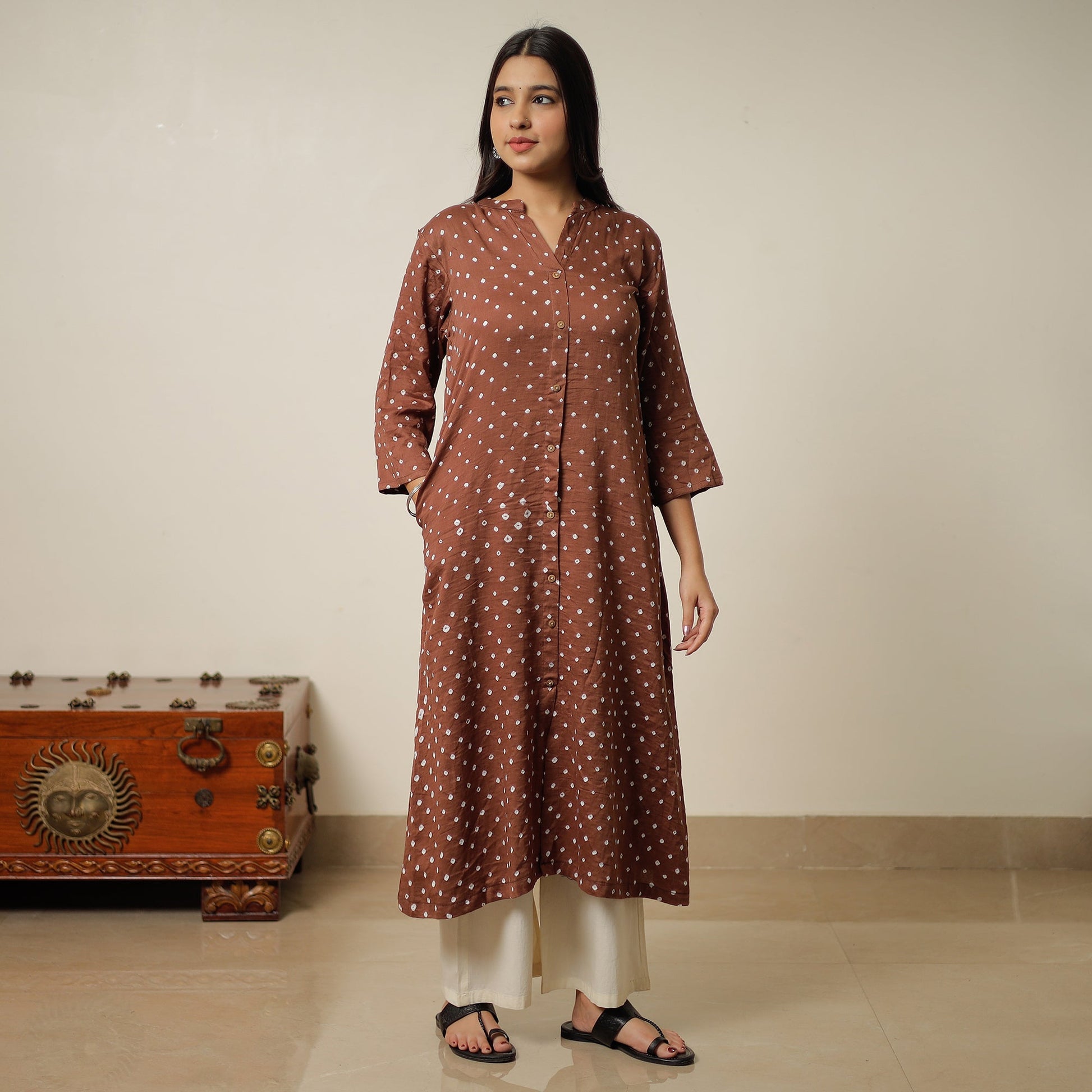 Brown - Bandhani Tie-Dye Cotton A-Line Kurta 01