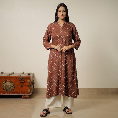 Brown - Bandhani Tie-Dye Cotton A-Line Kurta 01