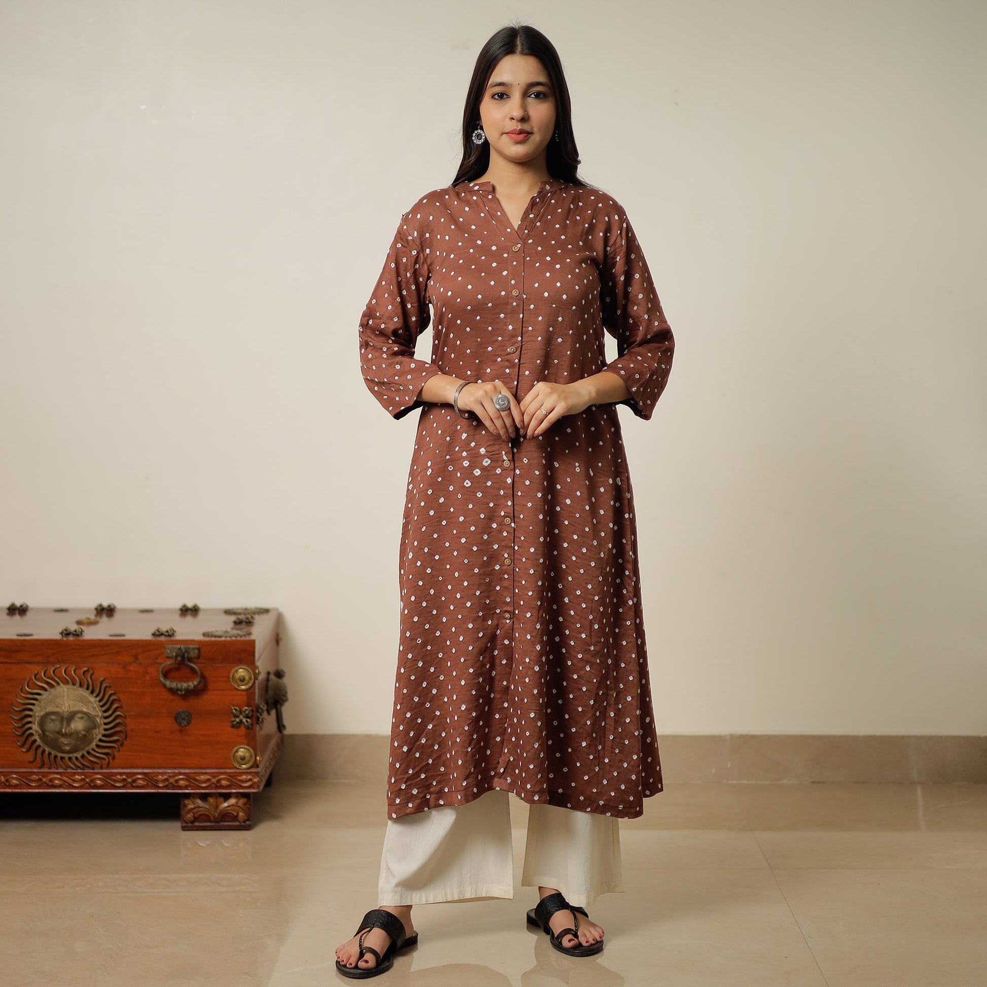 Brown - Bandhani Tie-Dye Cotton A-Line Kurta 01