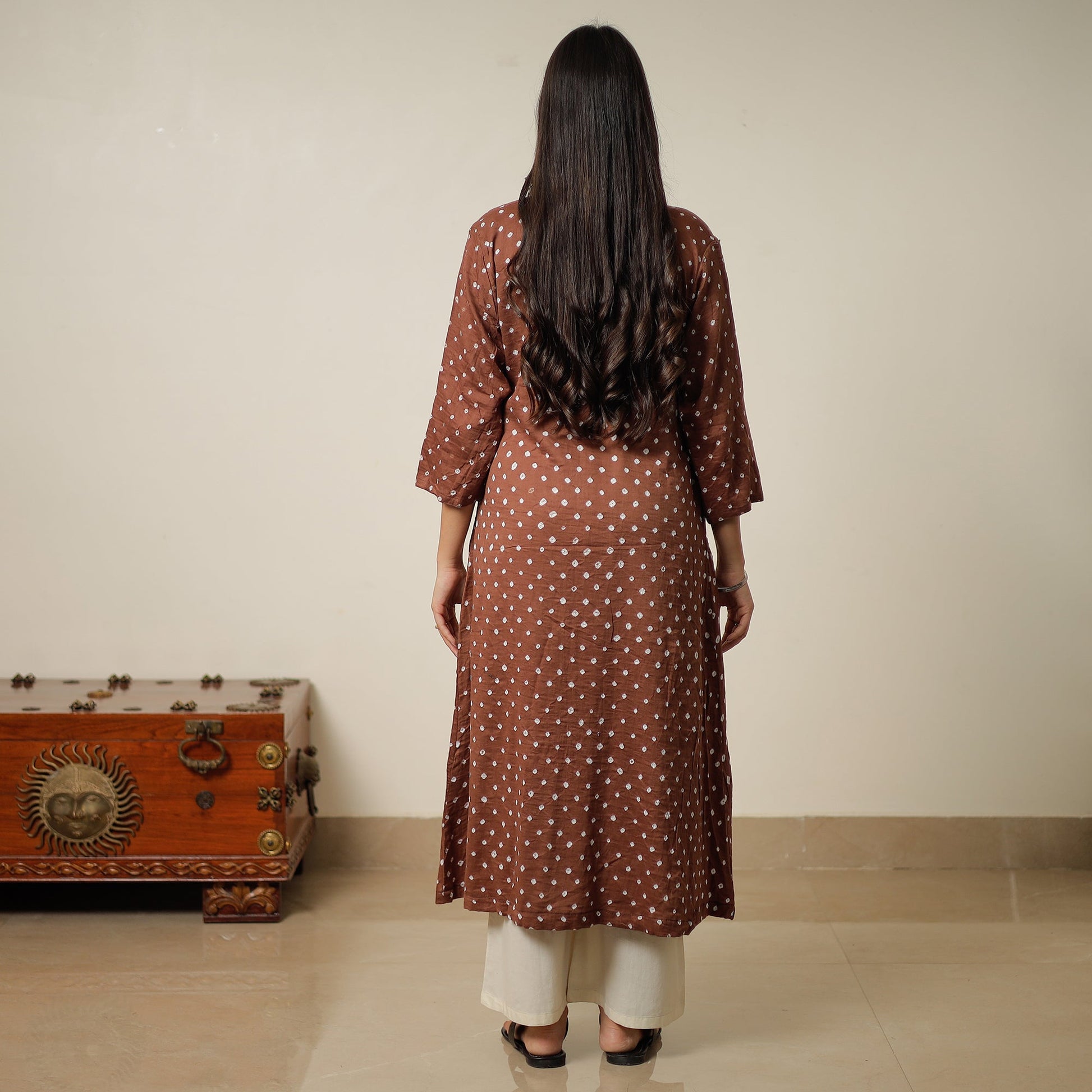 Brown - Bandhani Tie-Dye Cotton A-Line Kurta 01