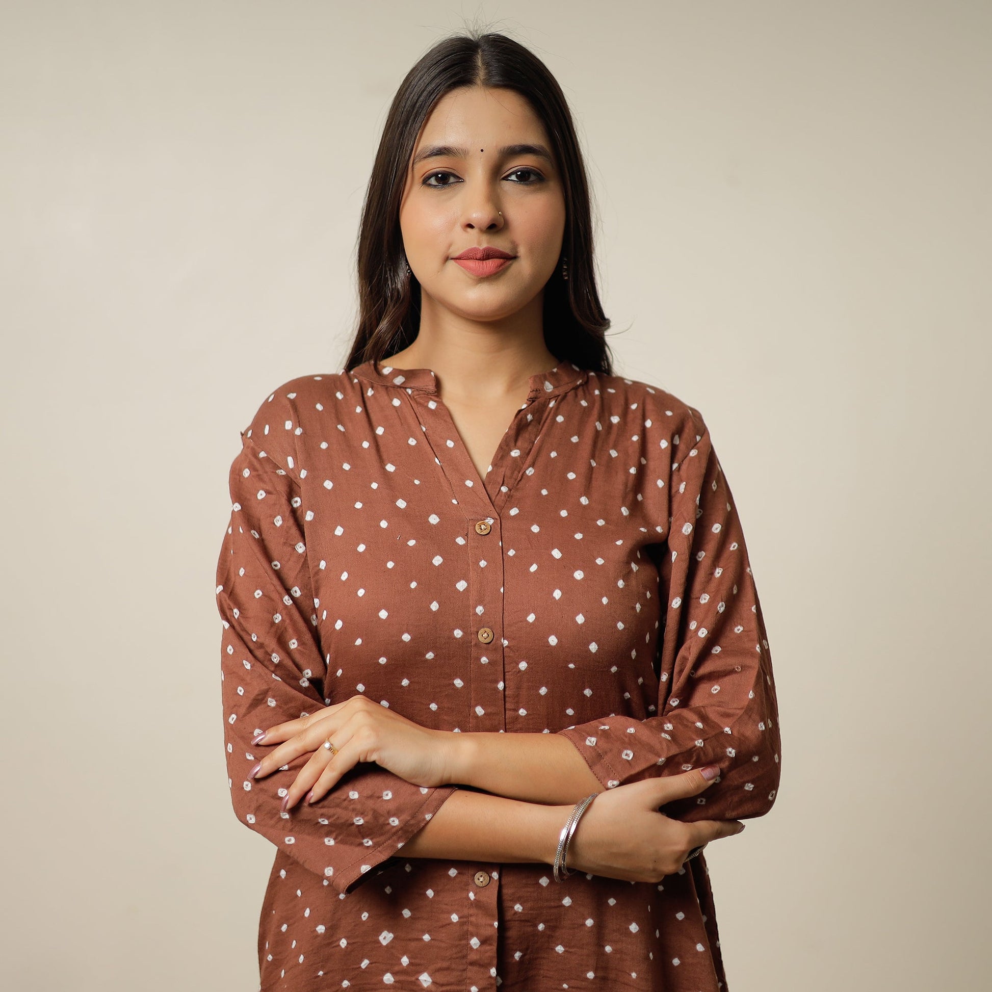 Brown - Bandhani Tie-Dye Cotton A-Line Kurta 01