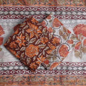 Brown - 3pc Sanganeri Block Printed Chanderi Silk Suit Material Set