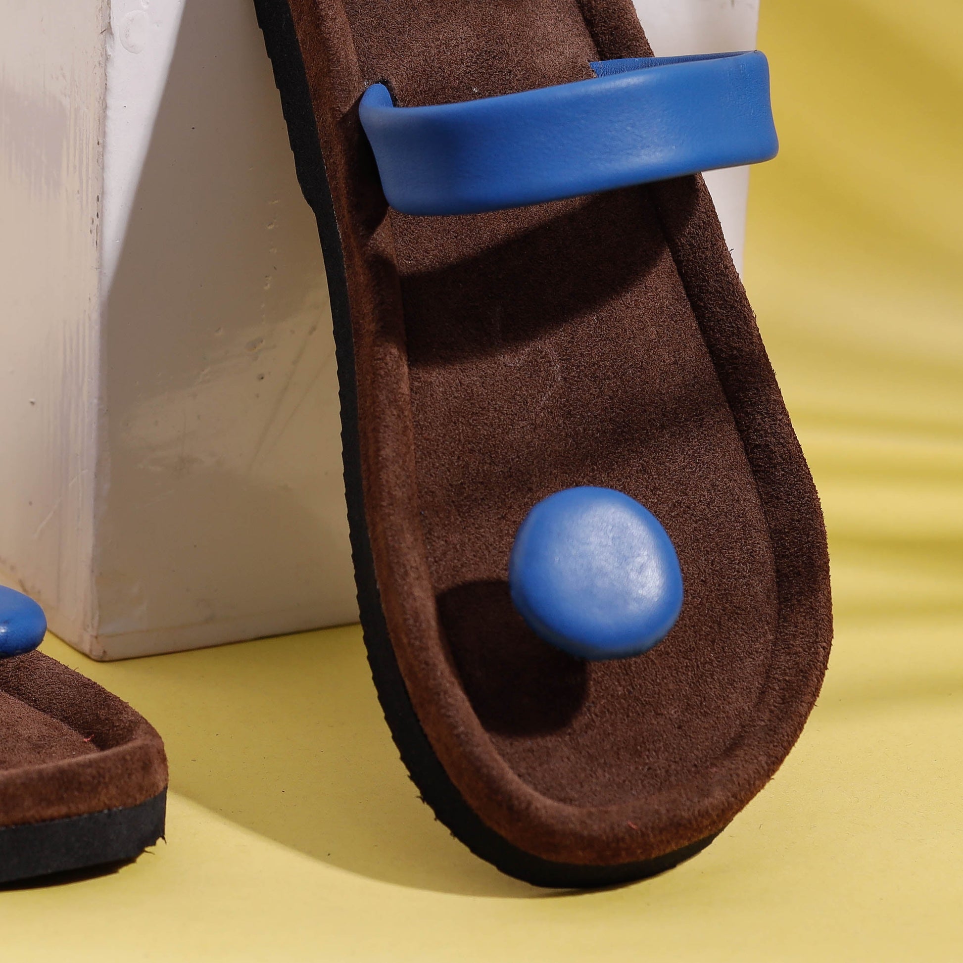 Brown & Blue Handcrafted Women's Leather Slippers with Suede