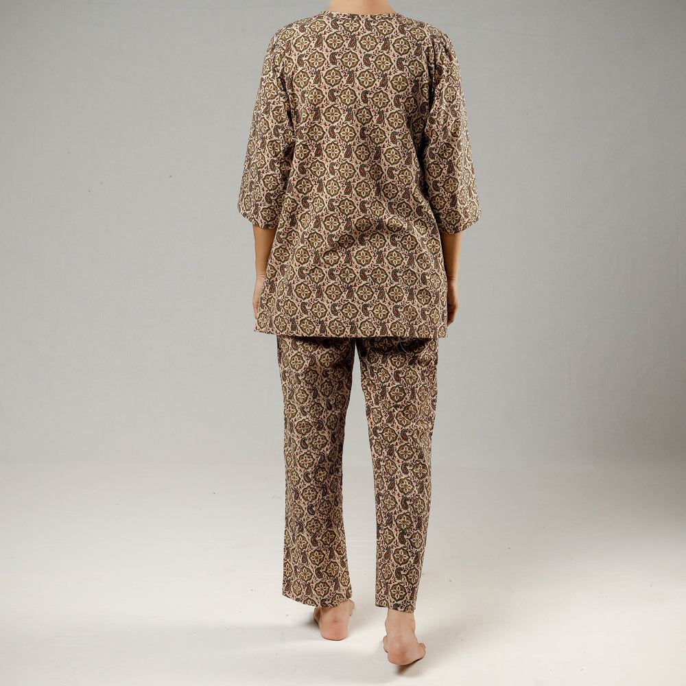 Brown - Sanganeri Block Printed Cotton Night Suit