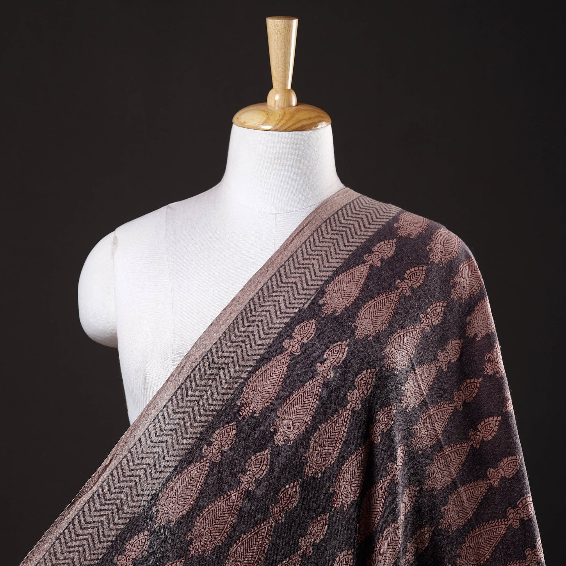 Black - Bagh Block Printed Merino Wool Handloom Fabric