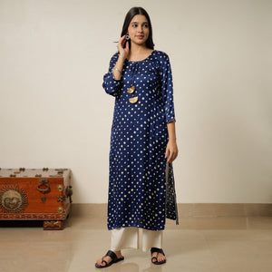 Blue - Bandhani Tie-dye Modal Silk Long Straight Kurta 12