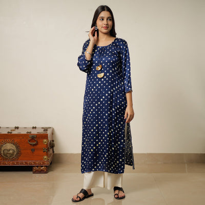 Blue - Bandhani Tie-dye Modal Silk Long Straight Kurta 12